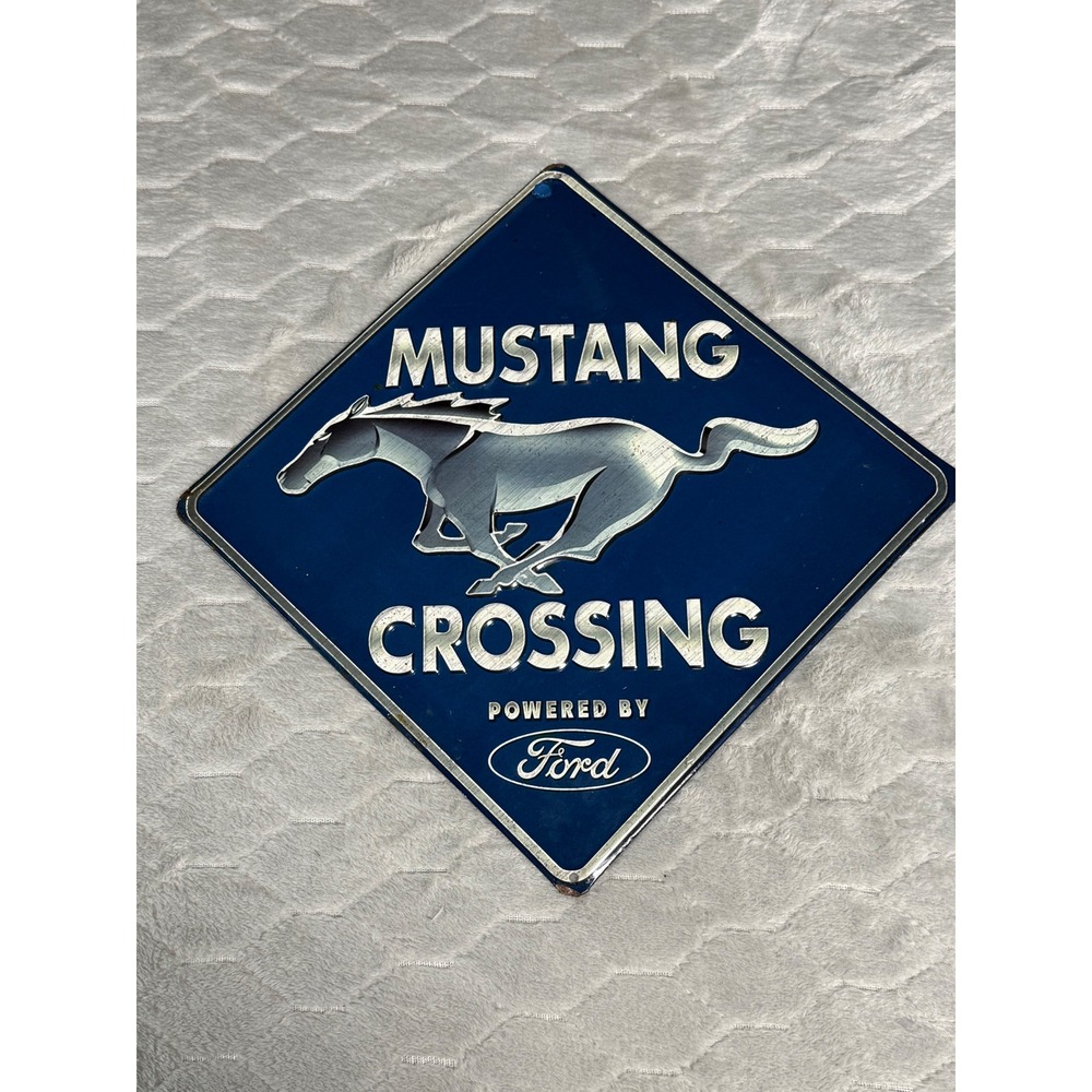 Ford Mustang Crossing Metal Sign Blue Silver Embossed Tin Garage Decor 12in